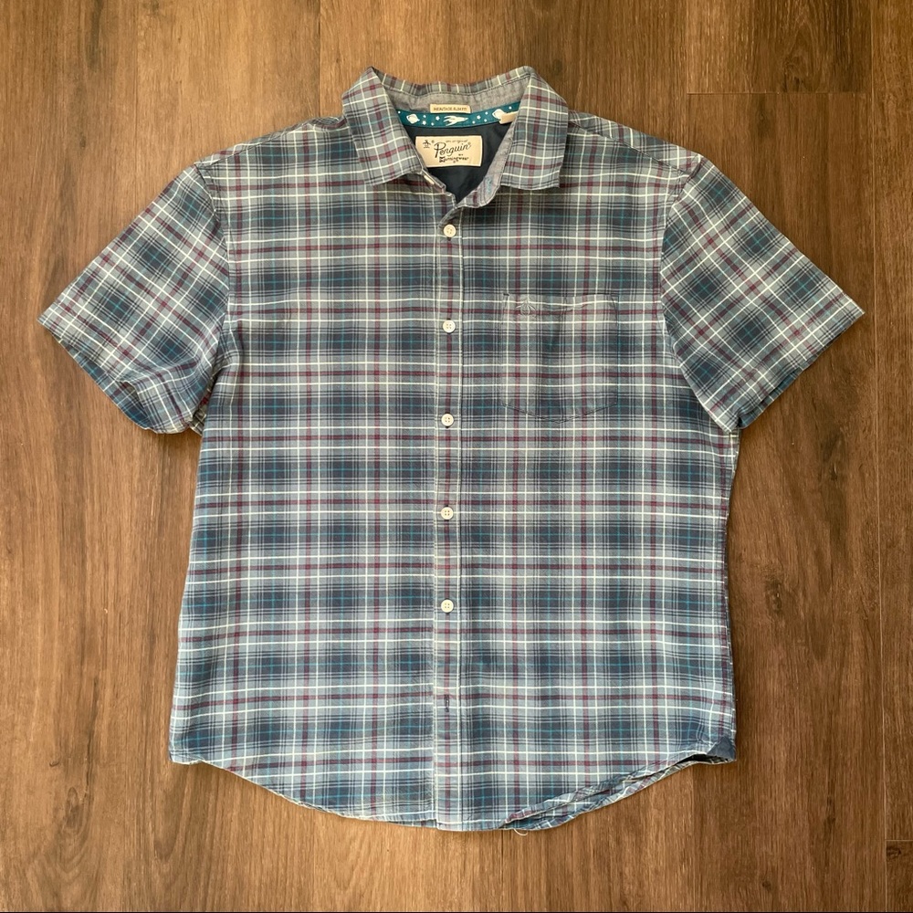 Penguin Short Sleeve Blue Plaid Button Down Shirt